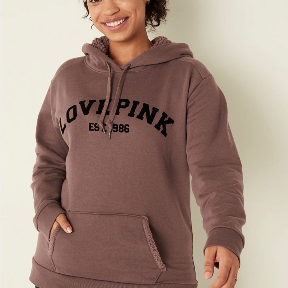 PINK EVERYDAY LOUNGE CAMPUS PULLOVER SHERPA LINED HOOD XL